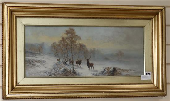 H.P. Gibb, oil on board, deer in winter, signed, 24 x 59cm